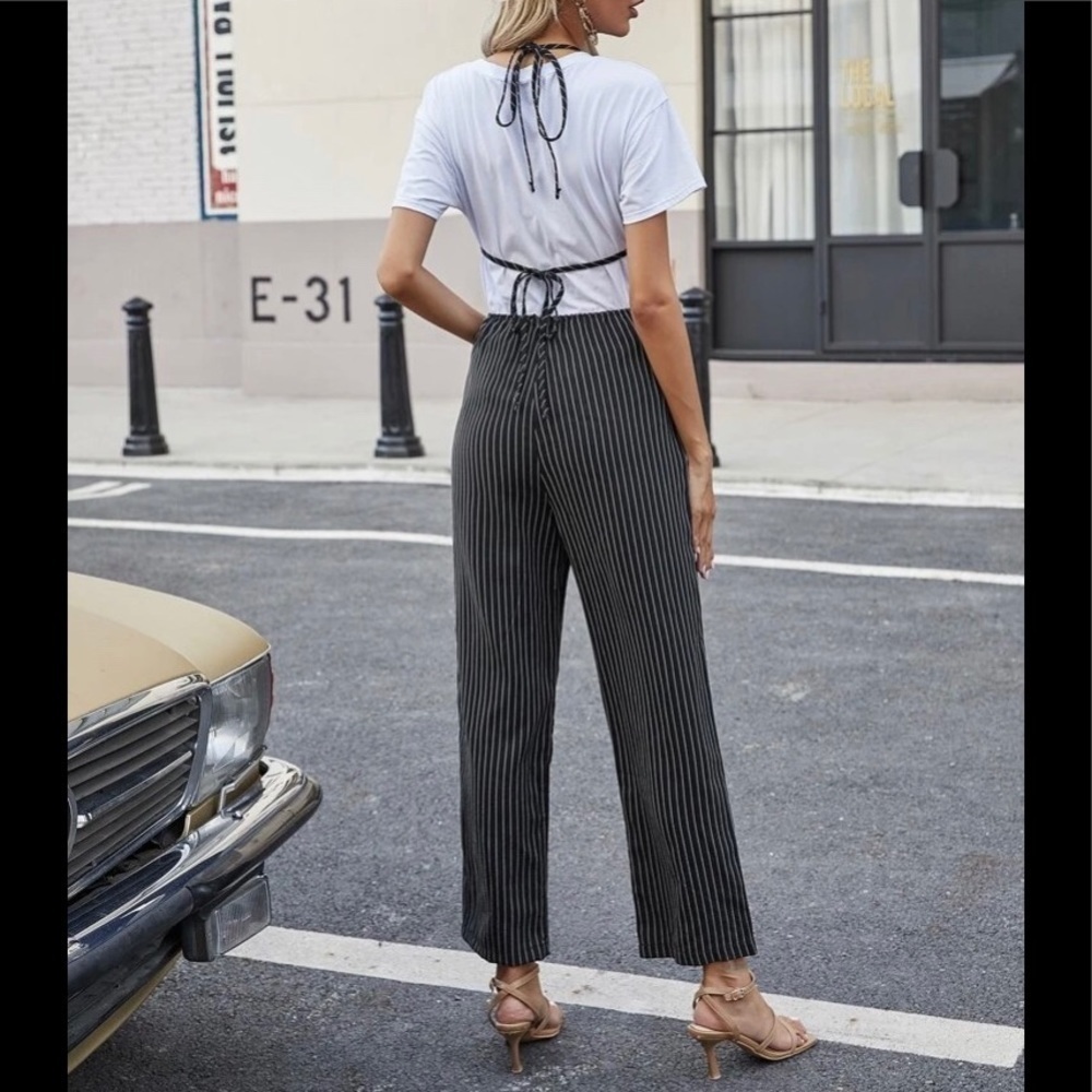Women’s Striped back tie halter top jumpsuit - Picture 2 of 7